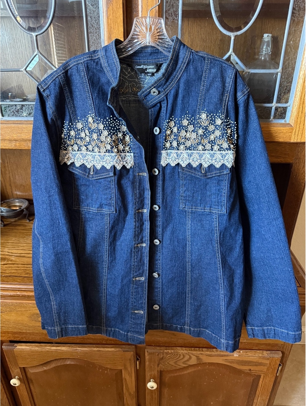 Casual Elegance Denim Jacket 16W Pearl Beaded Floral Embroidered Lace Boho